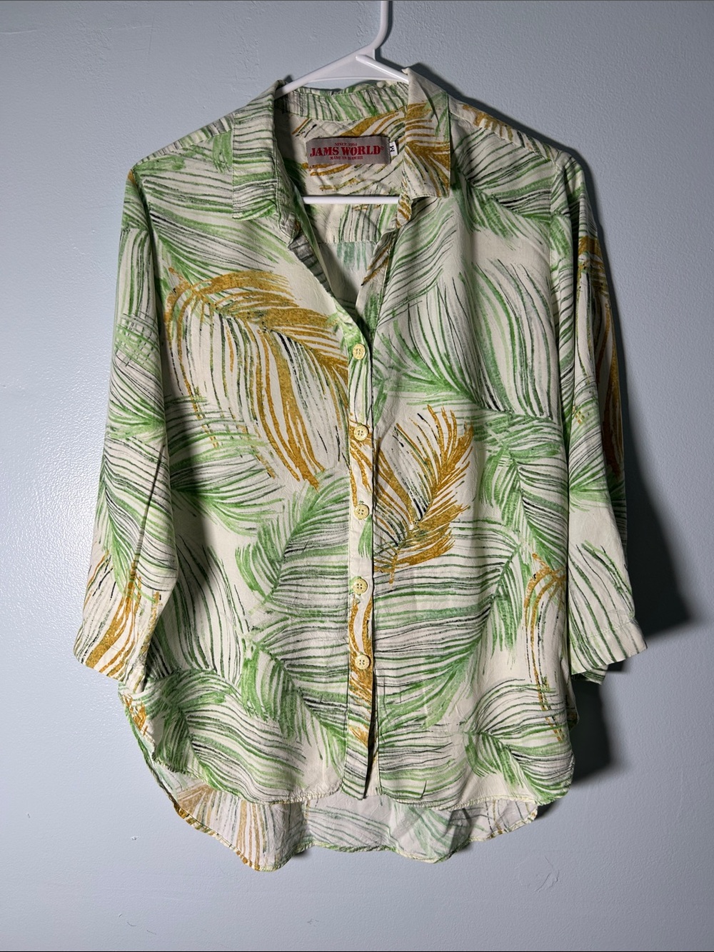 Jams World Cream Button-Down Shirt with Green & Gold Palm Print